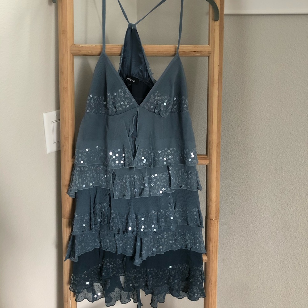 Bebe blue ruffle and sequined mini dress